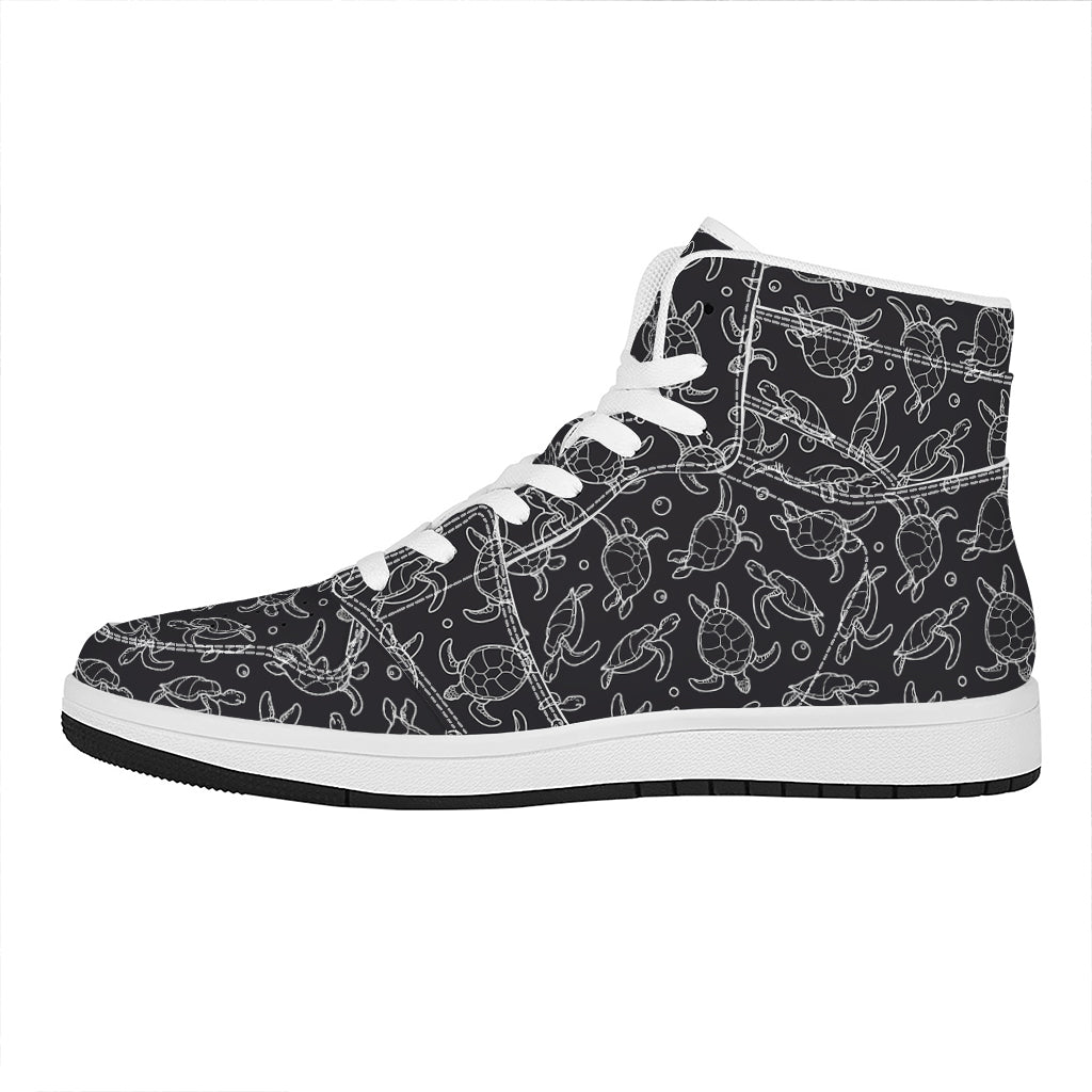 Black And White Sea Turtle Pattern Print High Top Leather Sneakers