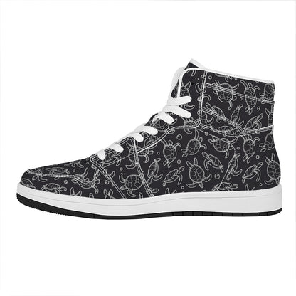Black And White Sea Turtle Pattern Print High Top Leather Sneakers
