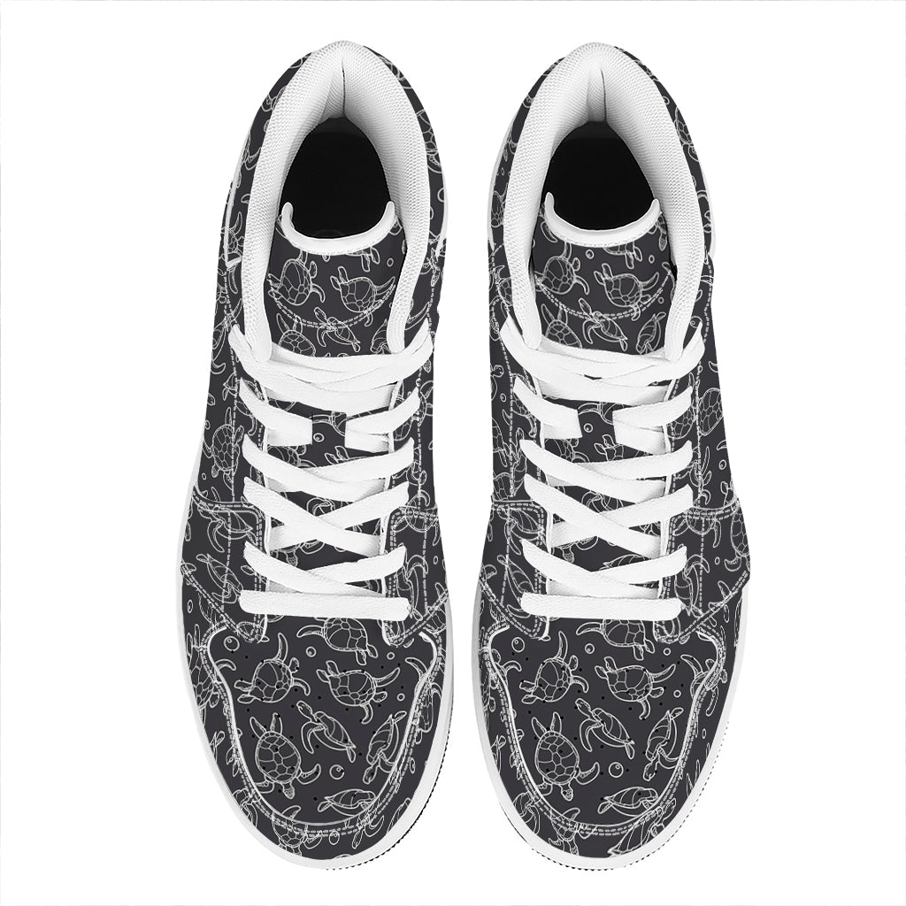 Black And White Sea Turtle Pattern Print High Top Leather Sneakers