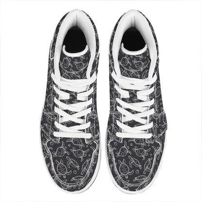 Black And White Sea Turtle Pattern Print High Top Leather Sneakers
