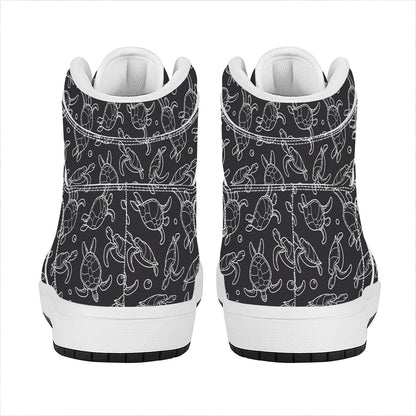 Black And White Sea Turtle Pattern Print High Top Leather Sneakers