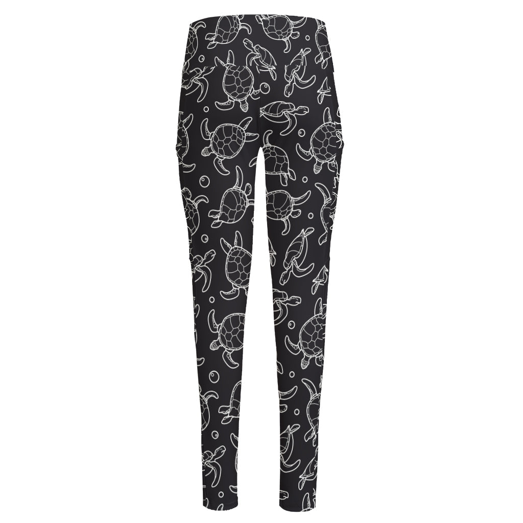 Black And White Sea Turtle Pattern Print High-Waisted Pocket Leggings