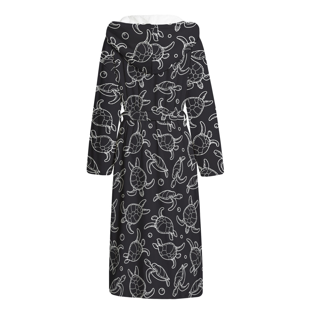 Black And White Sea Turtle Pattern Print Hooded Bathrobe