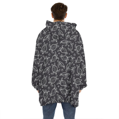 Black And White Sea Turtle Pattern Print Hoodie Blanket