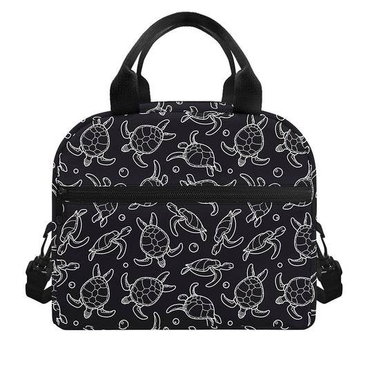 Black And White Sea Turtle Pattern Print Insulated Lunch Bag
