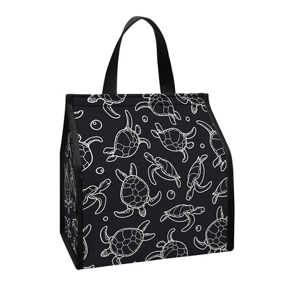 Black And White Sea Turtle Pattern Print Insulated Lunch Tote