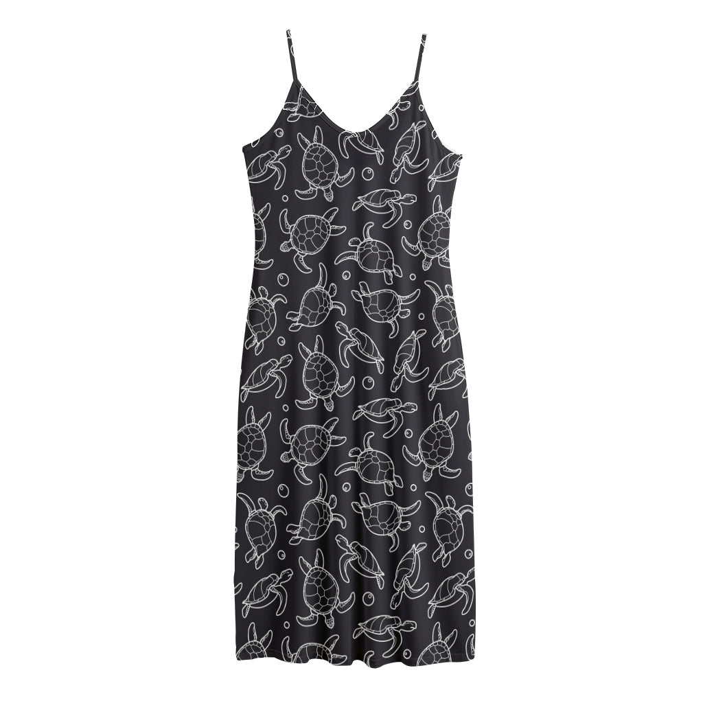 Black And White Sea Turtle Pattern Print Jersey Midi Cami Dress
