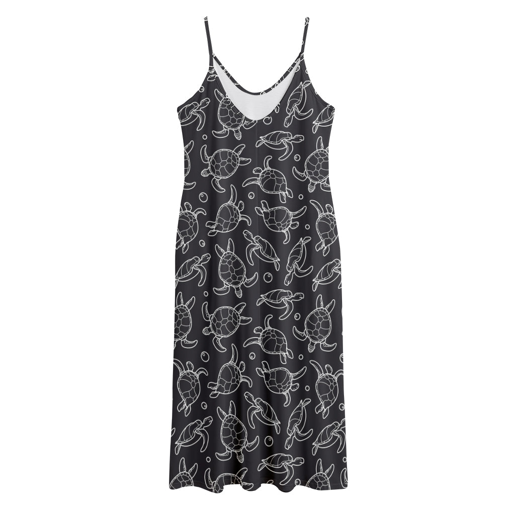 Black And White Sea Turtle Pattern Print Jersey Midi Cami Dress