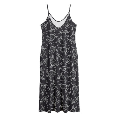 Black And White Sea Turtle Pattern Print Jersey Midi Cami Dress