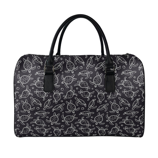 Black And White Sea Turtle Pattern Print Leather Duffle Bag