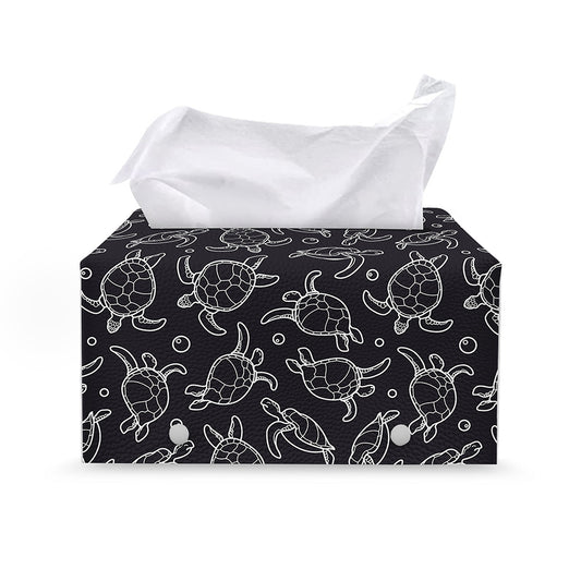 Black And White Sea Turtle Pattern Print Leather Tissue Box Cover