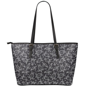 Black And White Sea Turtle Pattern Print Leather Tote Bag