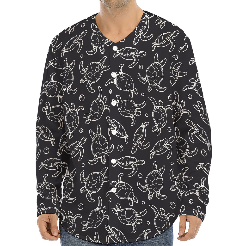 Black And White Sea Turtle Pattern Print Long Sleeve Baseball Jersey