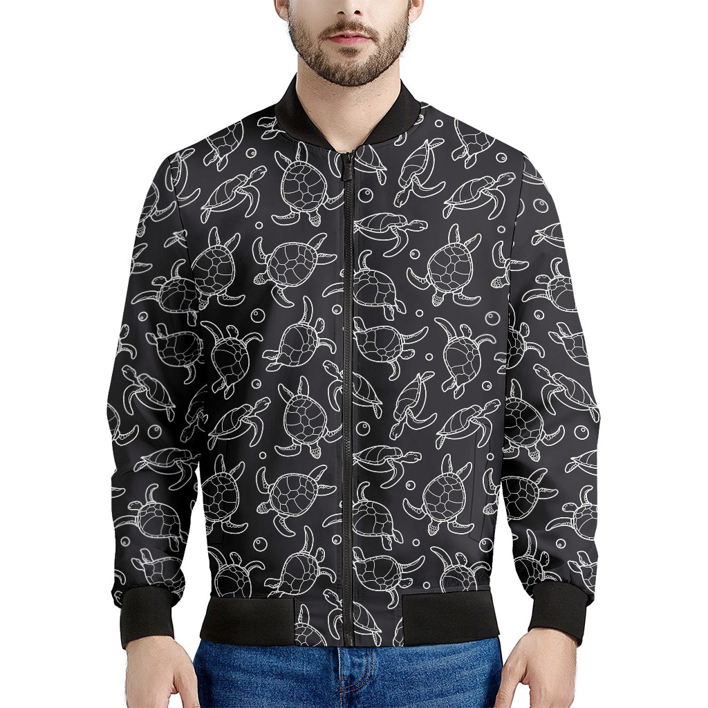 Black And White Sea Turtle Pattern Print Men's Bomber Jacket