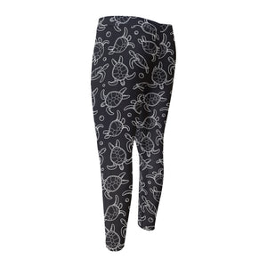 Black And White Sea Turtle Pattern Print Men's Compression Pants