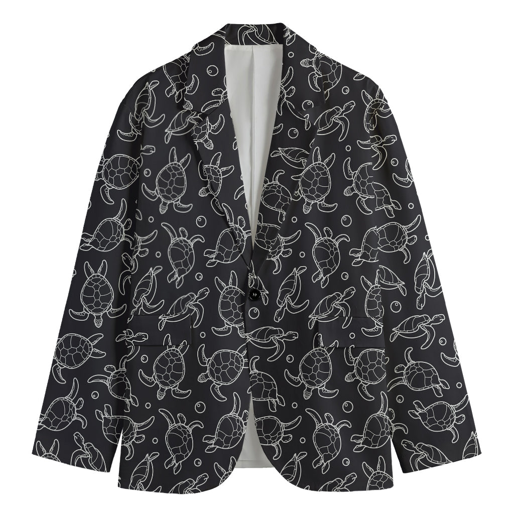Black And White Sea Turtle Pattern Print Men's Cotton Blazer