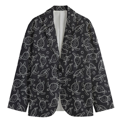 Black And White Sea Turtle Pattern Print Men's Cotton Blazer