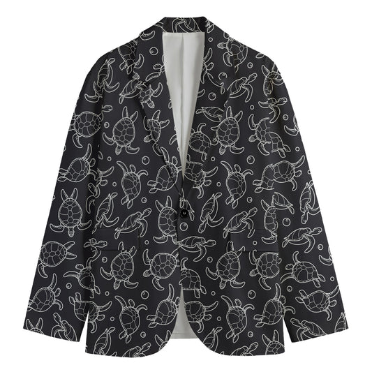 Black And White Sea Turtle Pattern Print Men's Cotton Blazer