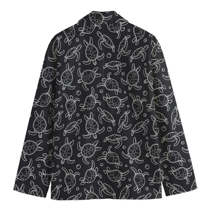 Black And White Sea Turtle Pattern Print Men's Cotton Blazer