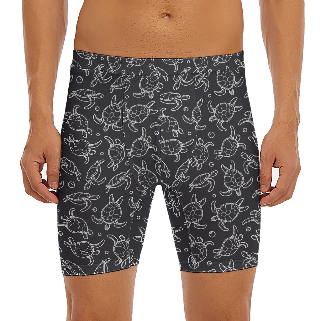 Black And White Sea Turtle Pattern Print Men's Long Boxer Briefs