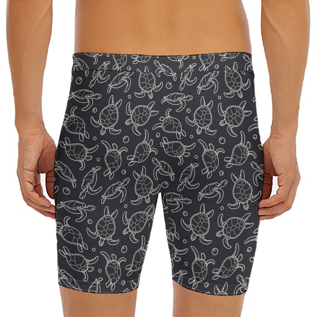 Black And White Sea Turtle Pattern Print Men's Long Boxer Briefs