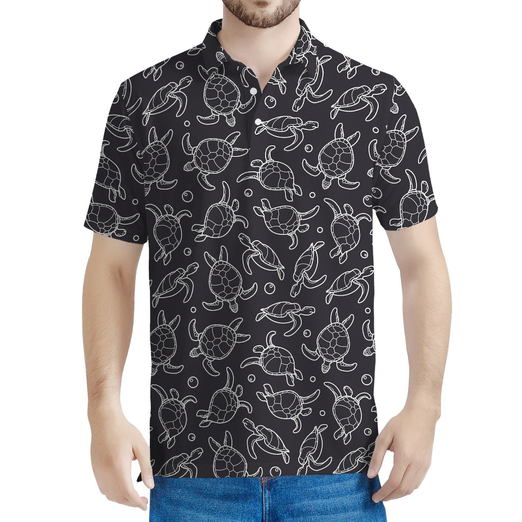 Black And White Sea Turtle Pattern Print Men's Polo Shirt