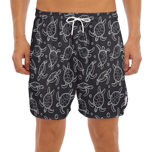 Black And White Sea Turtle Pattern Print Men's Split Running Shorts