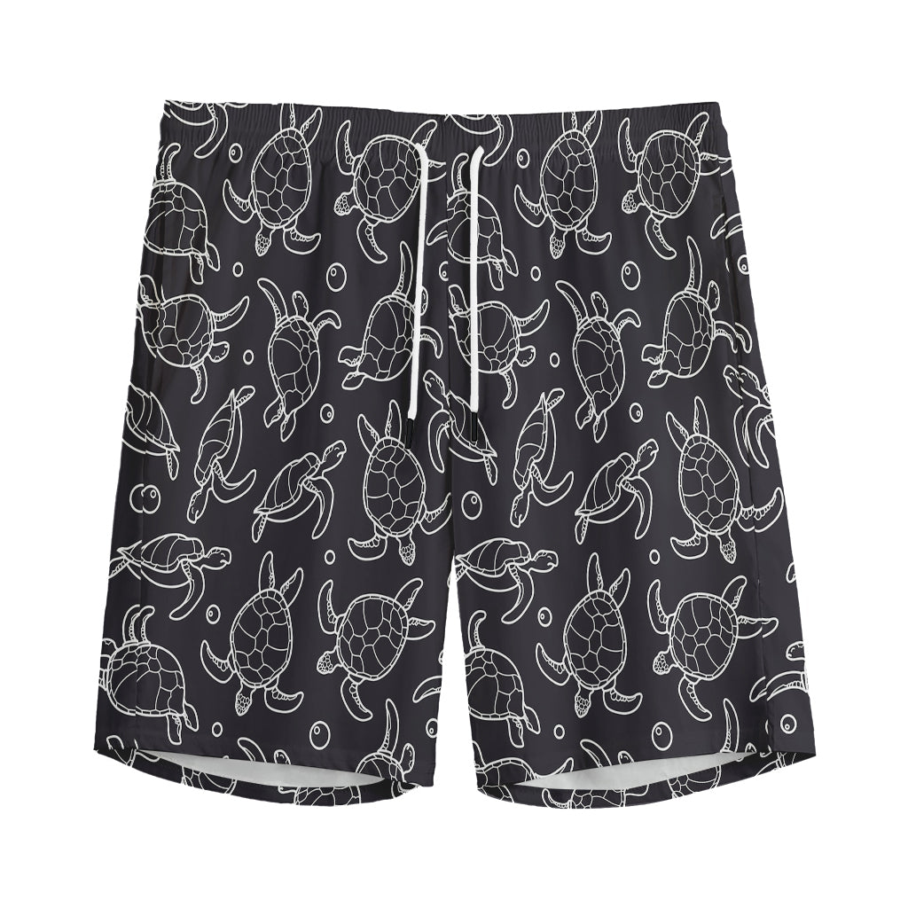 Black And White Sea Turtle Pattern Print Men's Sports Shorts