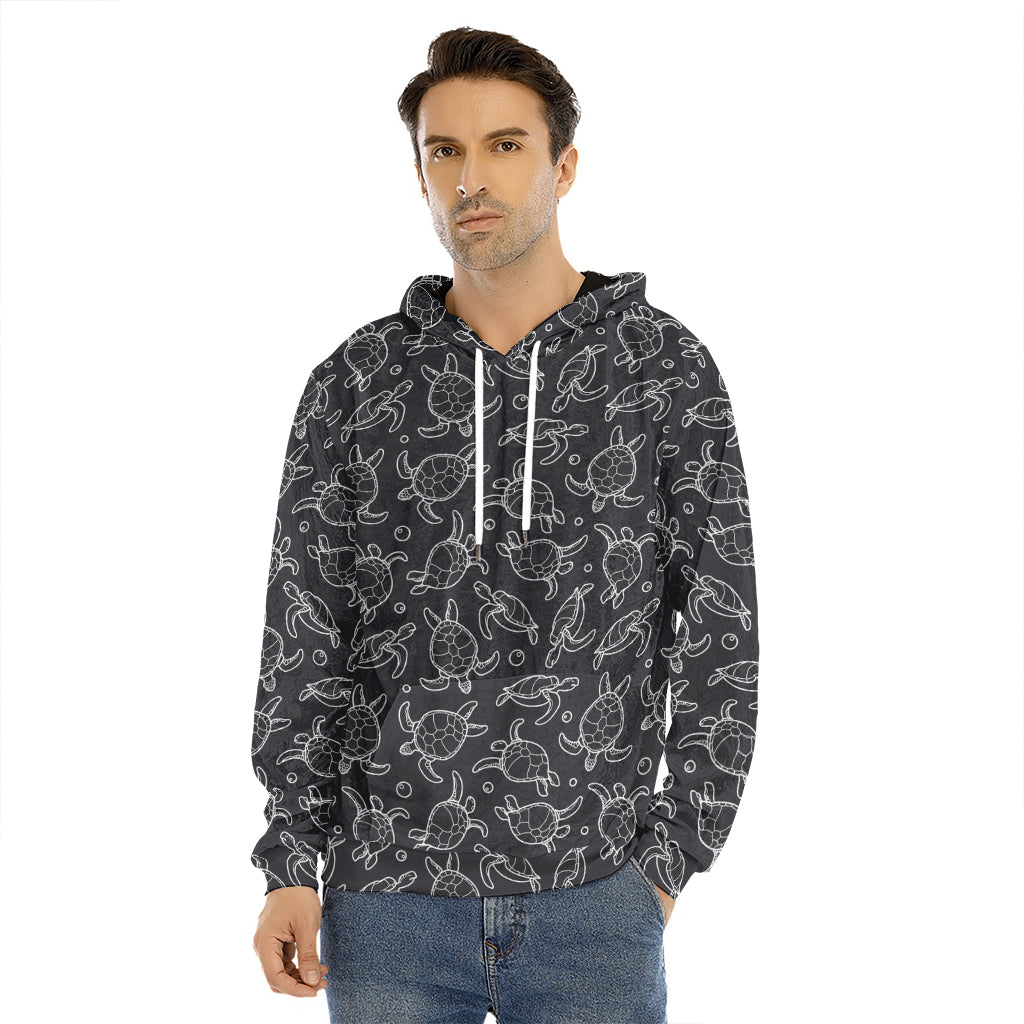 Black And White Sea Turtle Pattern Print Men's Velvet Pullover Hoodie