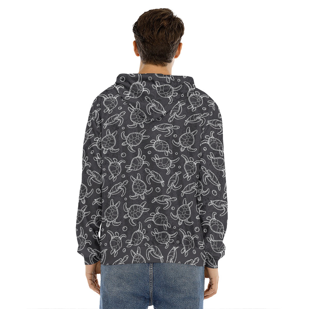 Black And White Sea Turtle Pattern Print Men's Velvet Pullover Hoodie