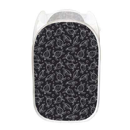 Black And White Sea Turtle Pattern Print Mesh Laundry Hamper