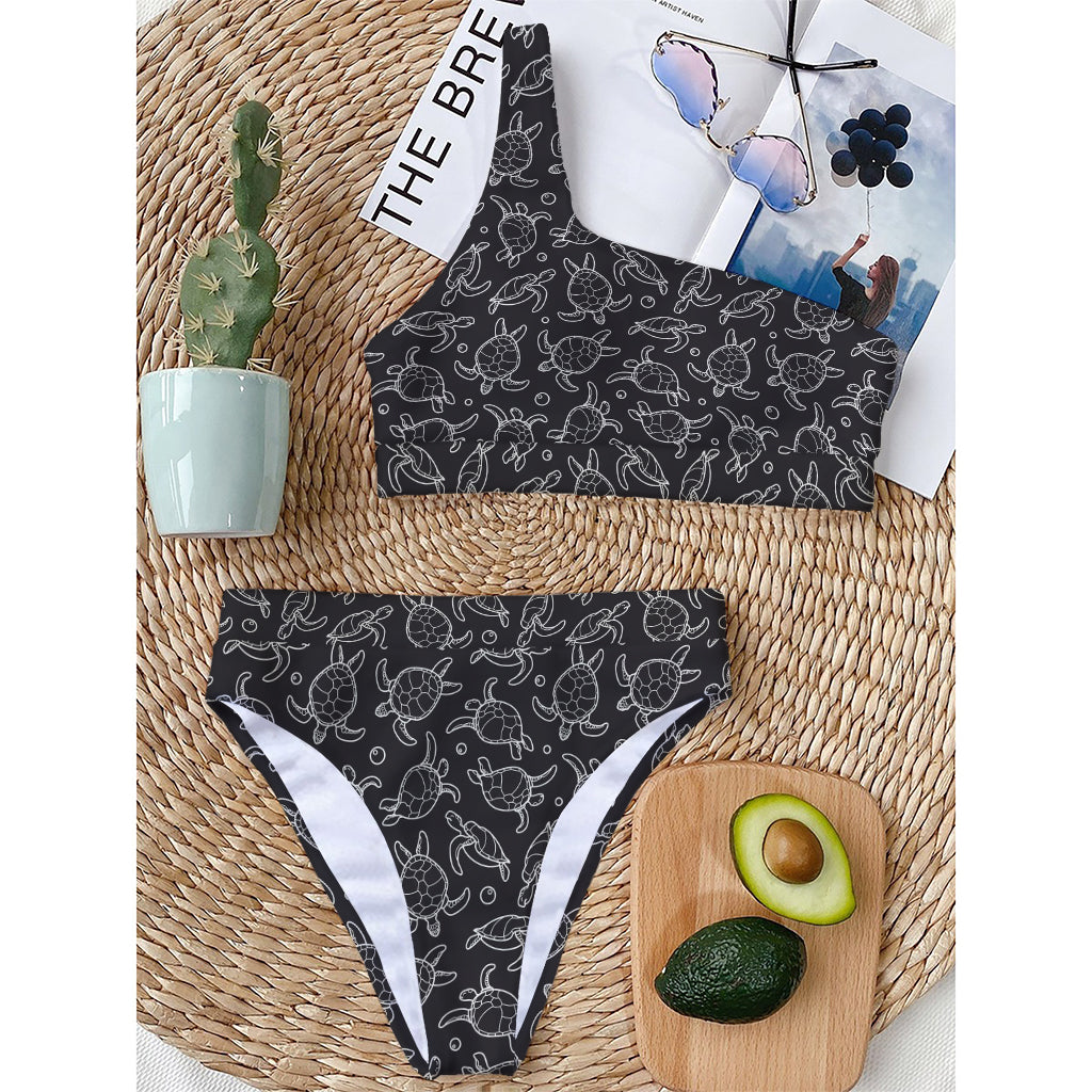 Black And White Sea Turtle Pattern Print One Shoulder Bikini Top