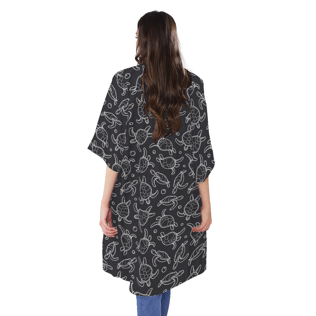 Black And White Sea Turtle Pattern Print Open Front Beach Cover Up