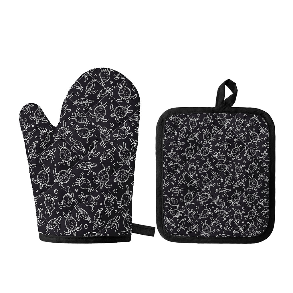 Black And White Sea Turtle Pattern Print Oven Mitt And Pot Holder Set