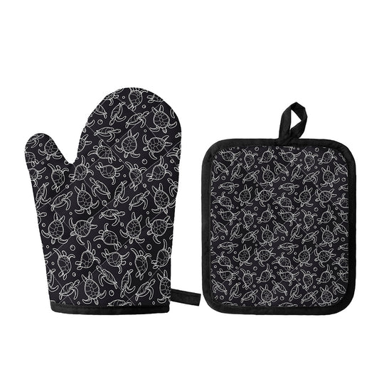 Black And White Sea Turtle Pattern Print Oven Mitt And Pot Holder Set