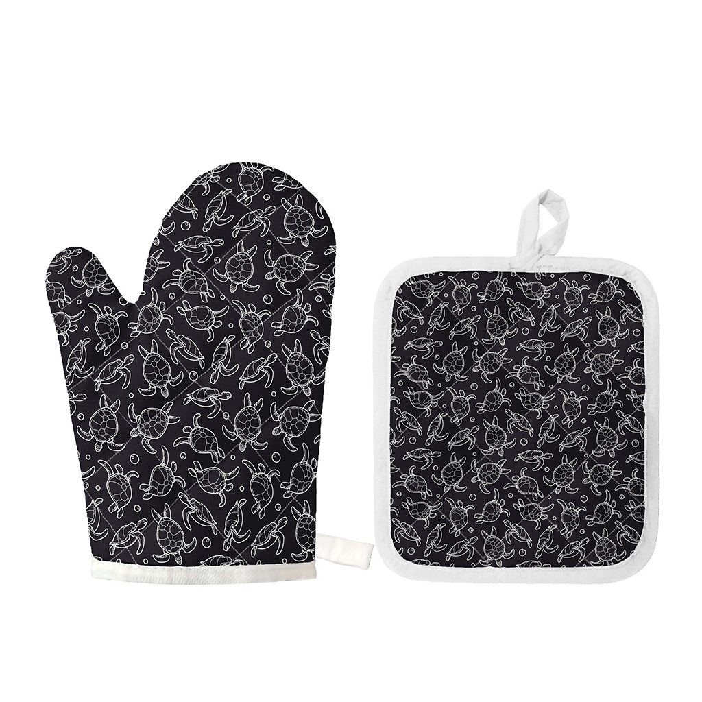 Black And White Sea Turtle Pattern Print Oven Mitt And Pot Holder Set