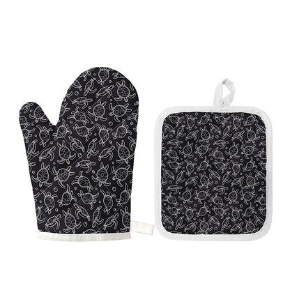 Black And White Sea Turtle Pattern Print Oven Mitt And Pot Holder Set