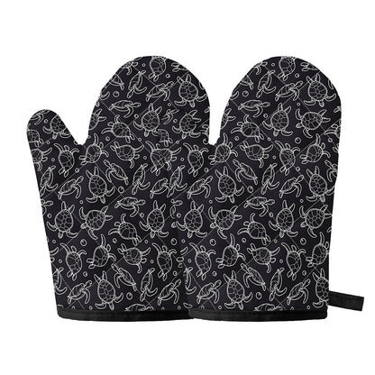 Black And White Sea Turtle Pattern Print Oven Mitts