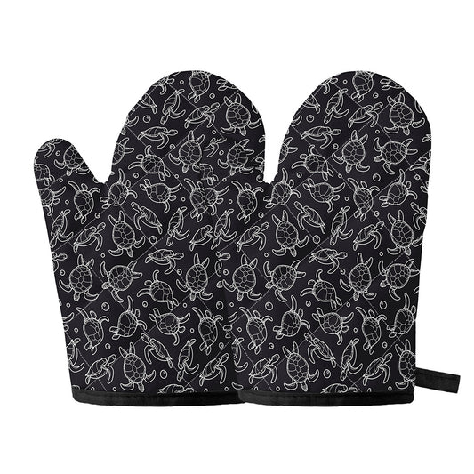 Black And White Sea Turtle Pattern Print Oven Mitts