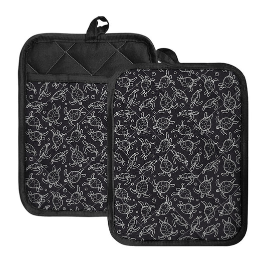 Black And White Sea Turtle Pattern Print Pot Holders With Pocket