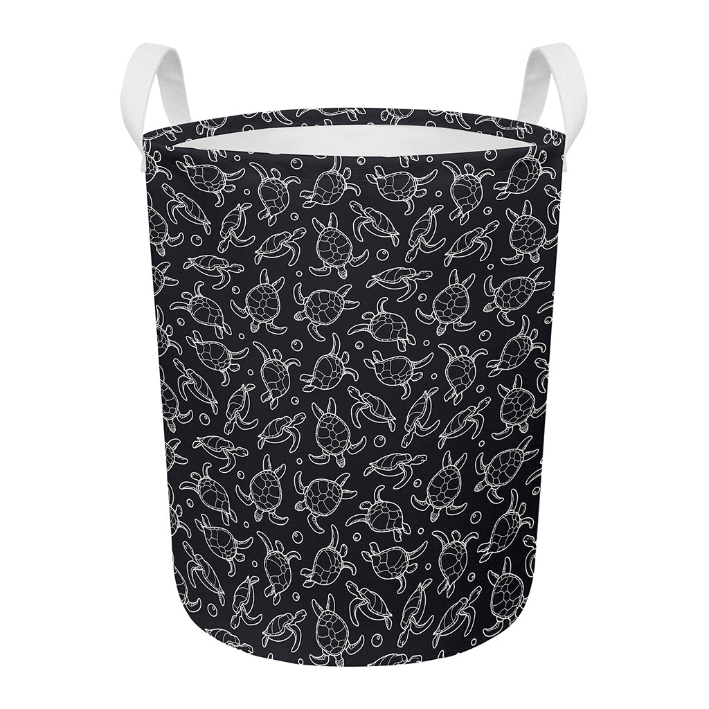 Black And White Sea Turtle Pattern Print Round Laundry Basket