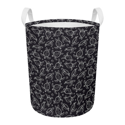 Black And White Sea Turtle Pattern Print Round Laundry Basket