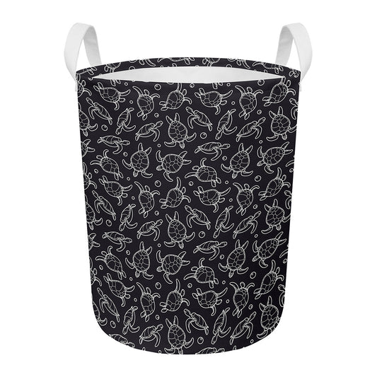 Black And White Sea Turtle Pattern Print Round Laundry Basket