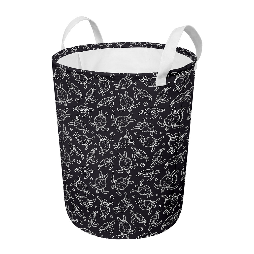 Black And White Sea Turtle Pattern Print Round Laundry Basket