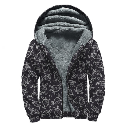 Black And White Sea Turtle Pattern Print Sherpa Lined Zip Up Hoodie