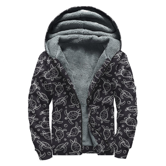 Black And White Sea Turtle Pattern Print Sherpa Lined Zip Up Hoodie