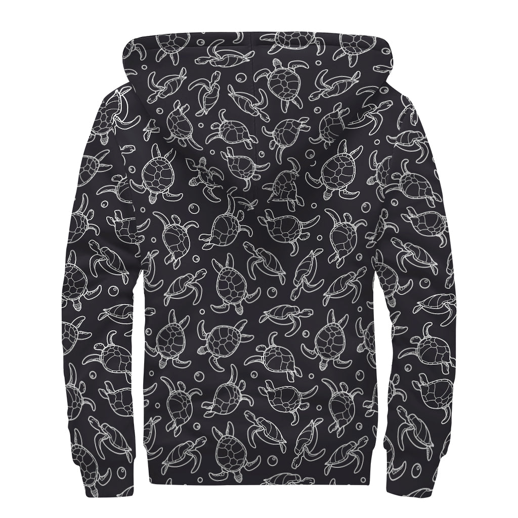 Black And White Sea Turtle Pattern Print Sherpa Lined Zip Up Hoodie