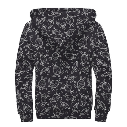 Black And White Sea Turtle Pattern Print Sherpa Lined Zip Up Hoodie