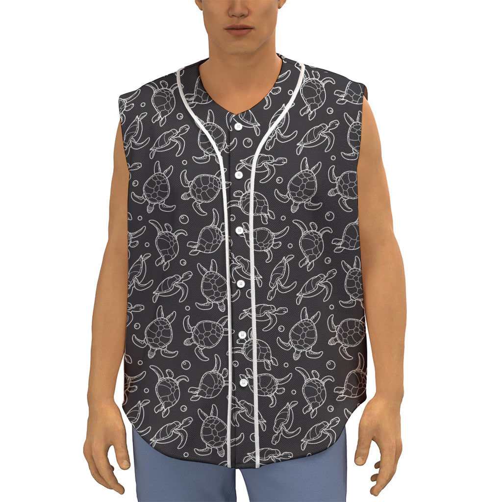 Black And White Sea Turtle Pattern Print Sleeveless Baseball Jersey