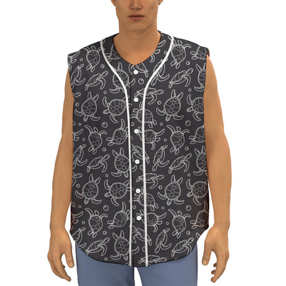 Black And White Sea Turtle Pattern Print Sleeveless Baseball Jersey